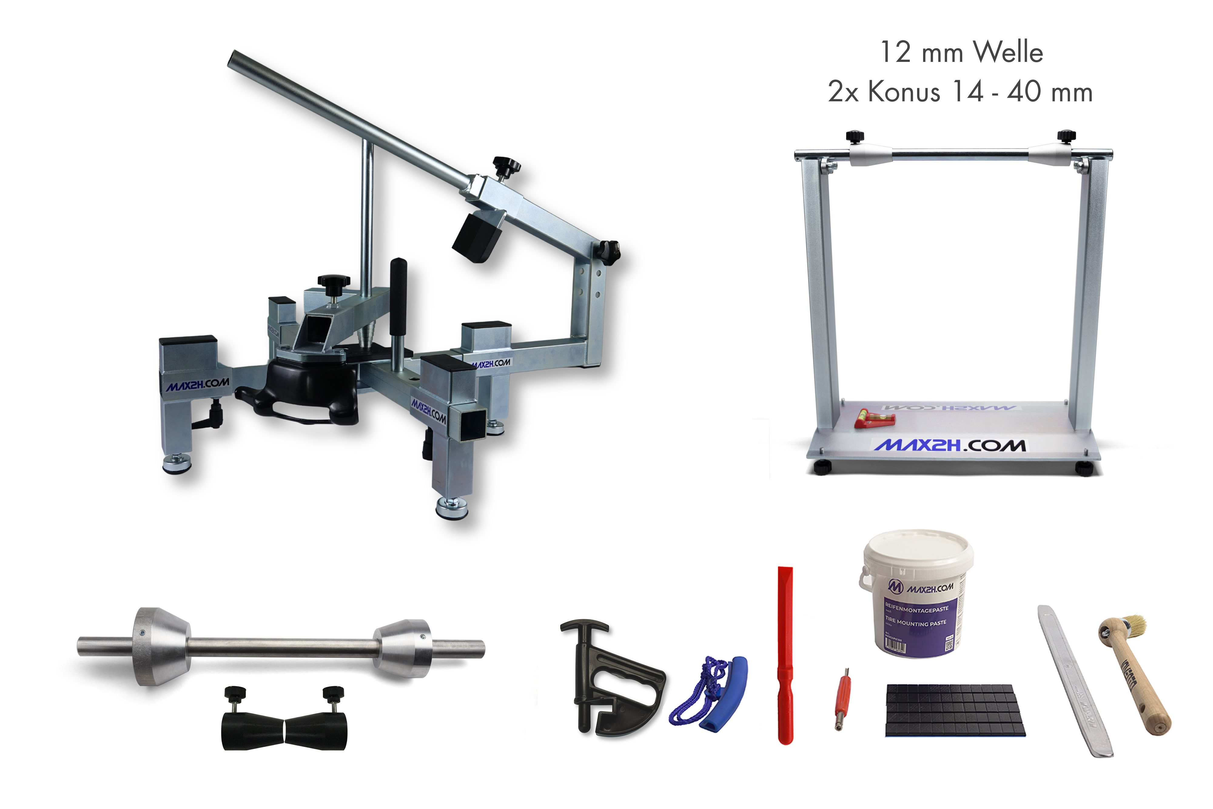 MAX2H® Reifenmontiergerät MG-2 Plus Set mit Wuchtbock Plus für Einarmschwingen 42-62 mm / 50-80 mm (Klebegewichte schwarz)