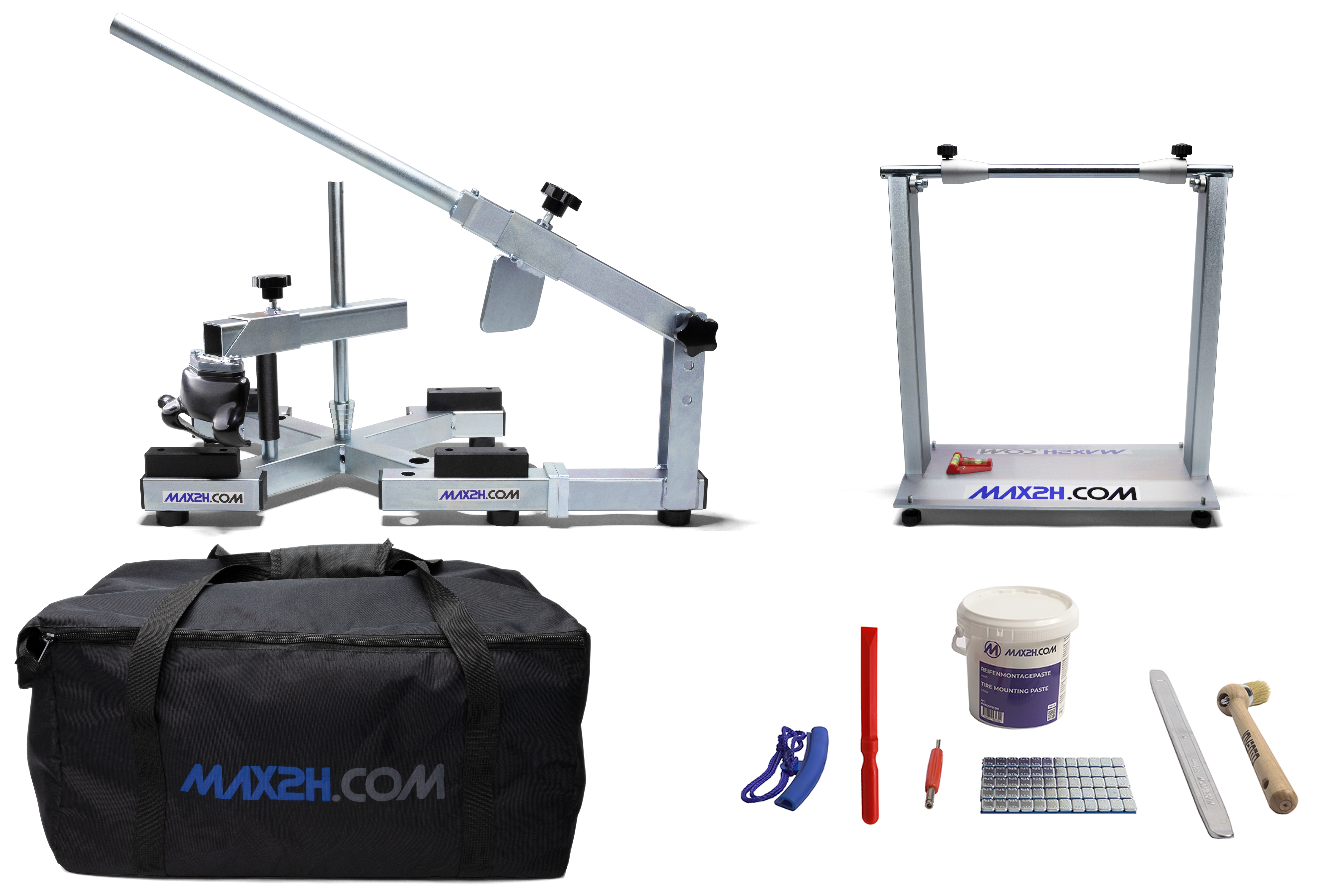 MAX2H Reifenmontiergerät EVOX mit Wuchtbock, Starterpaket (Klebegewicht grau) und Tasche