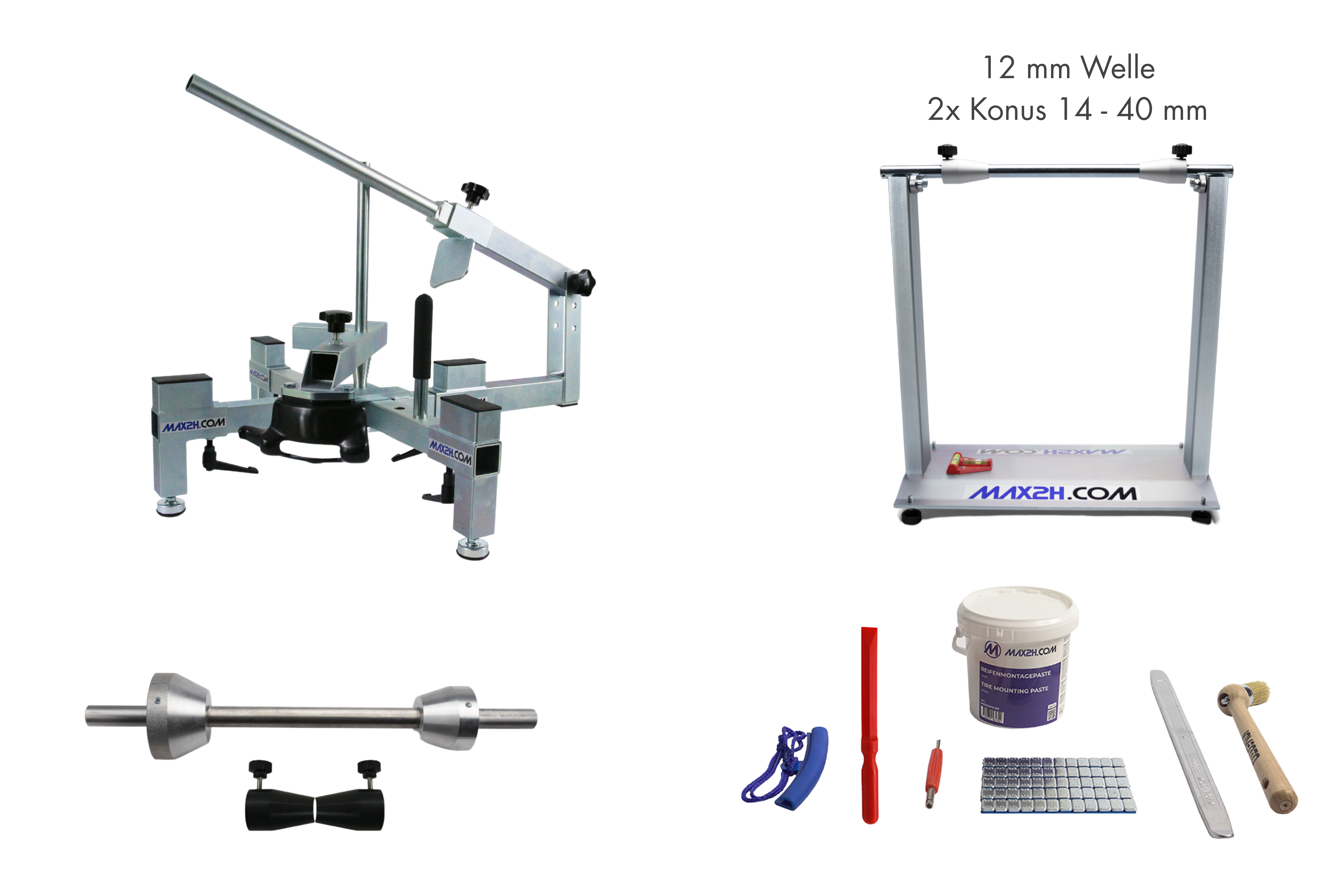 MAX2H® Reifenmontiergerät MG-2 Set mit Wuchtbock Plus für Einarmschwingen 42-62 mm / 50-80 mm (Klebegewichte grau)