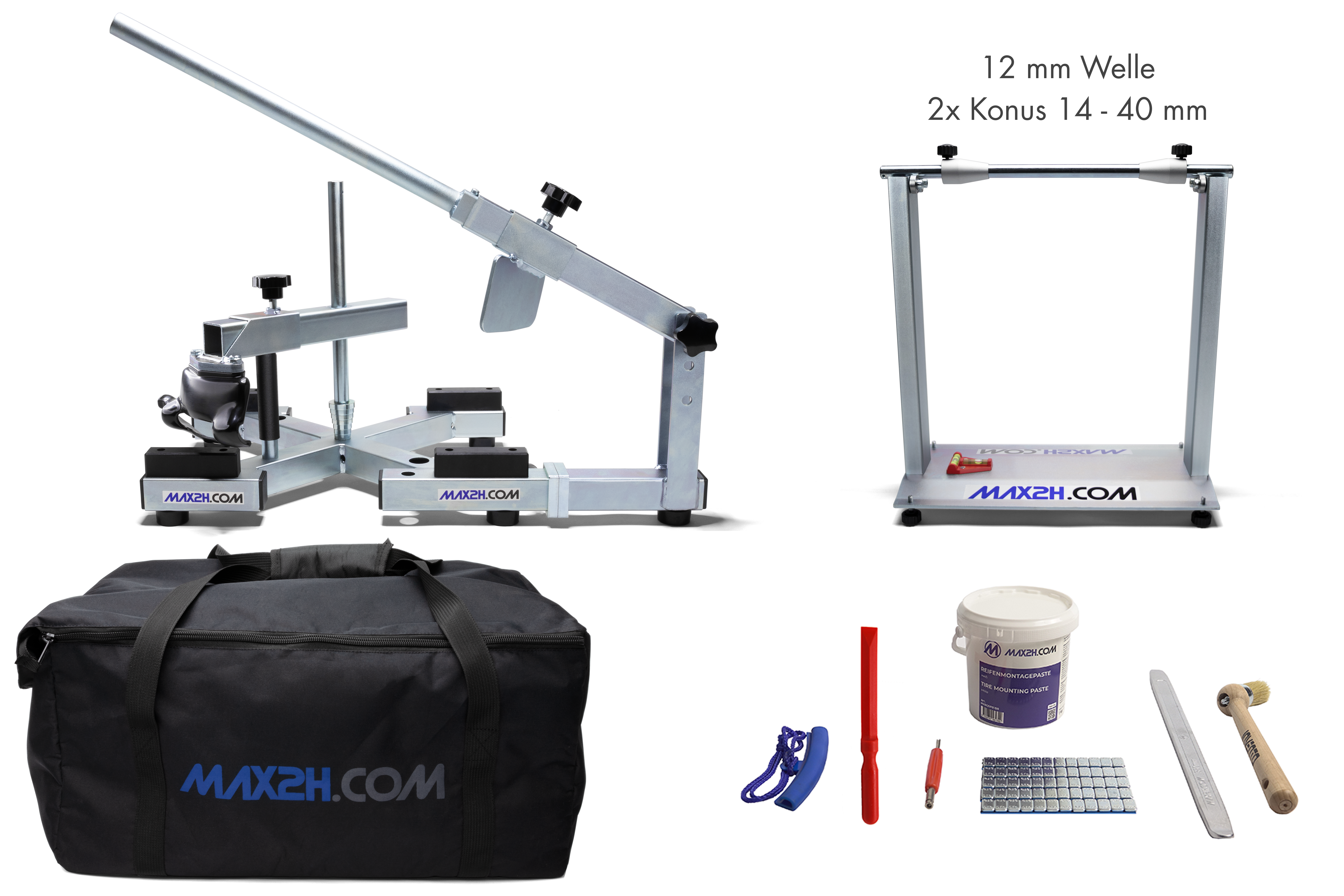 MAX2H® Reifenmontiergerät MG-X mit Wuchtbock Plus, Starterpaket (Klebegewicht grau) und Tasche