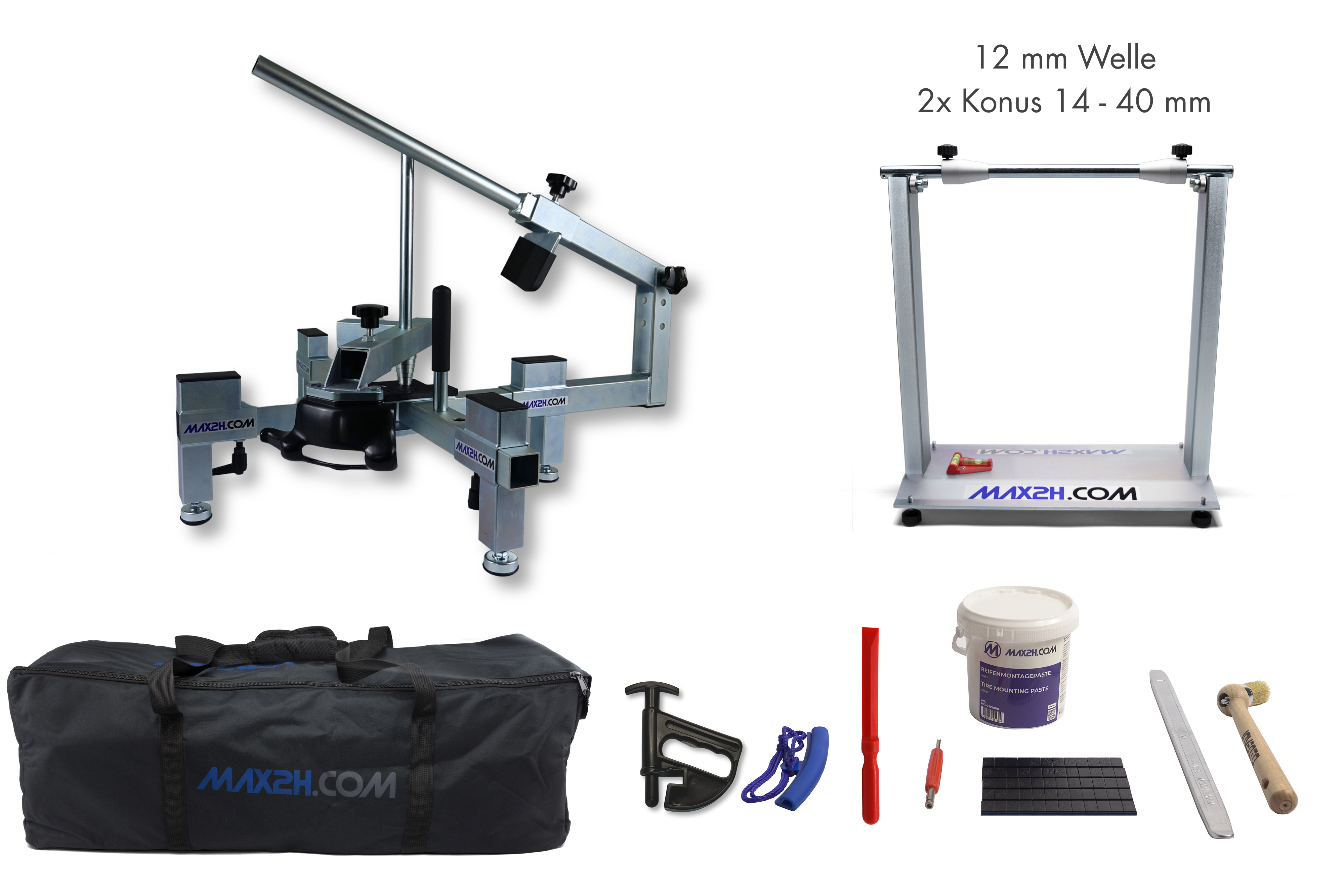 MAX2H® Reifenmontiergerät MG-2 Plus mit Wuchtbock Plus und Starterpaket (Klebegewicht schwarz) und Tasche