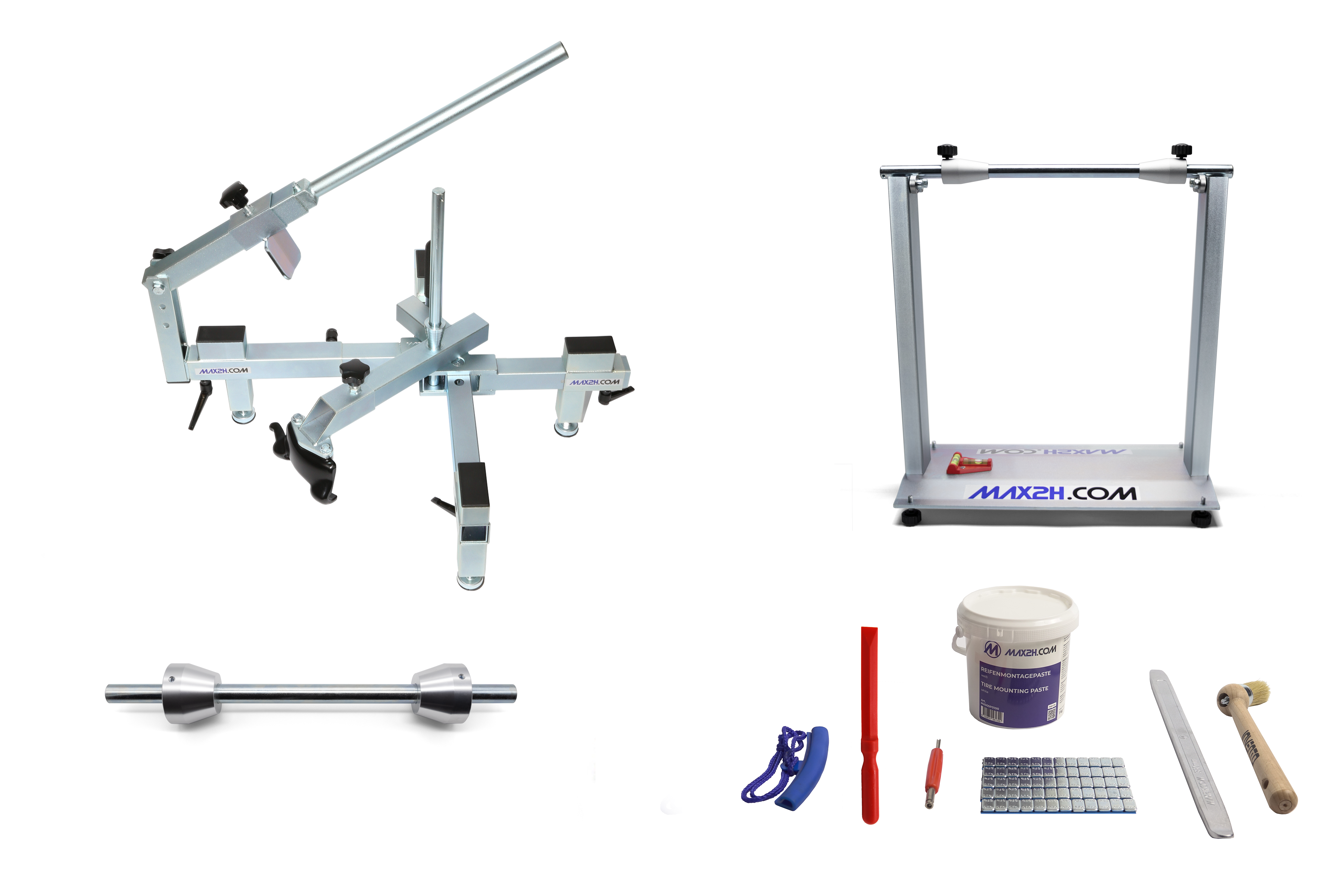MAX2H Reifenmontiergerät EVO2 Set für Einarmschwingen 42-62 mm (Klebegewichte grau)