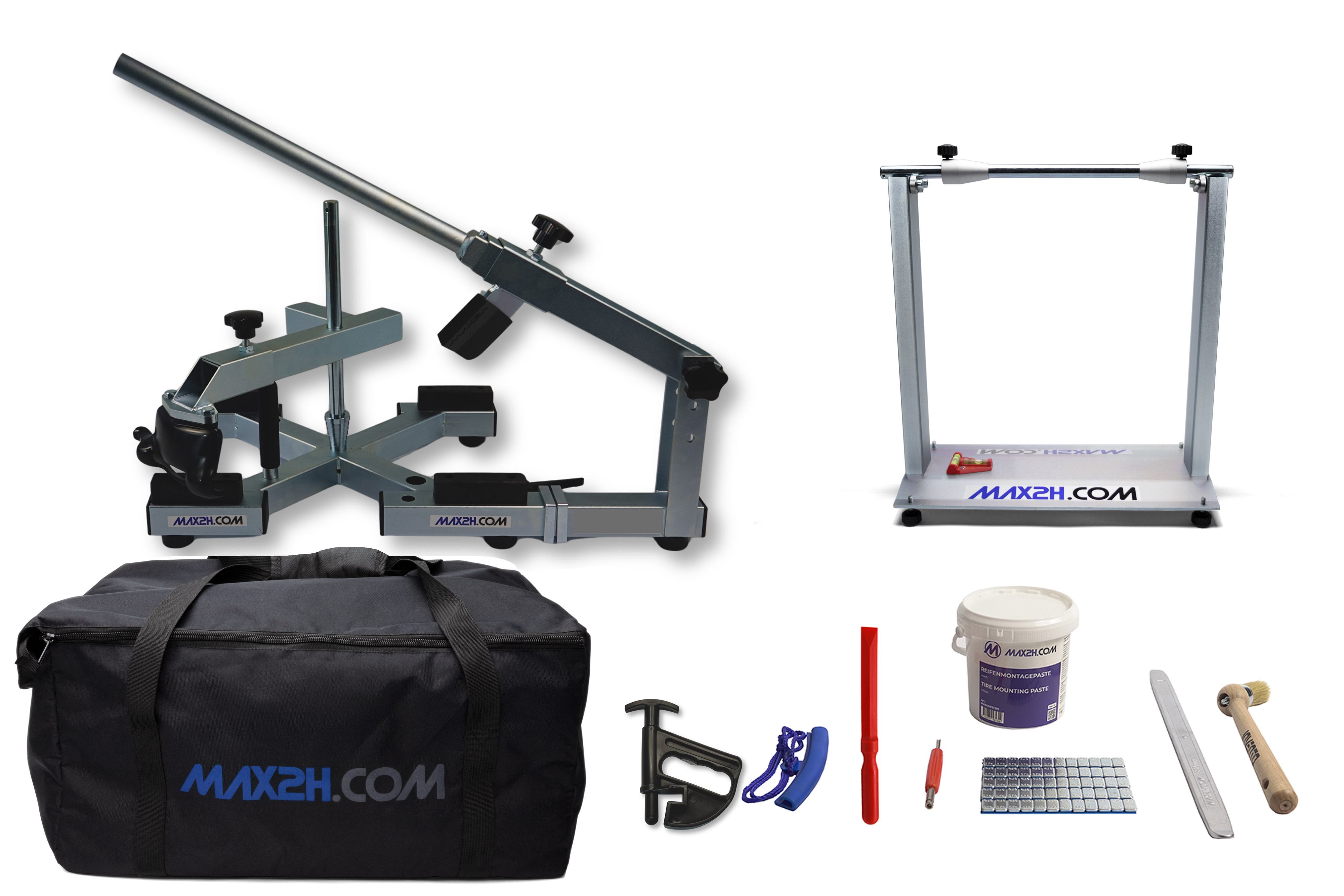 MAX2H® Reifenmontiergerät MG-X Plus mit Wuchtbock, Starterpaket (Klebegewicht grau) und Tasche
