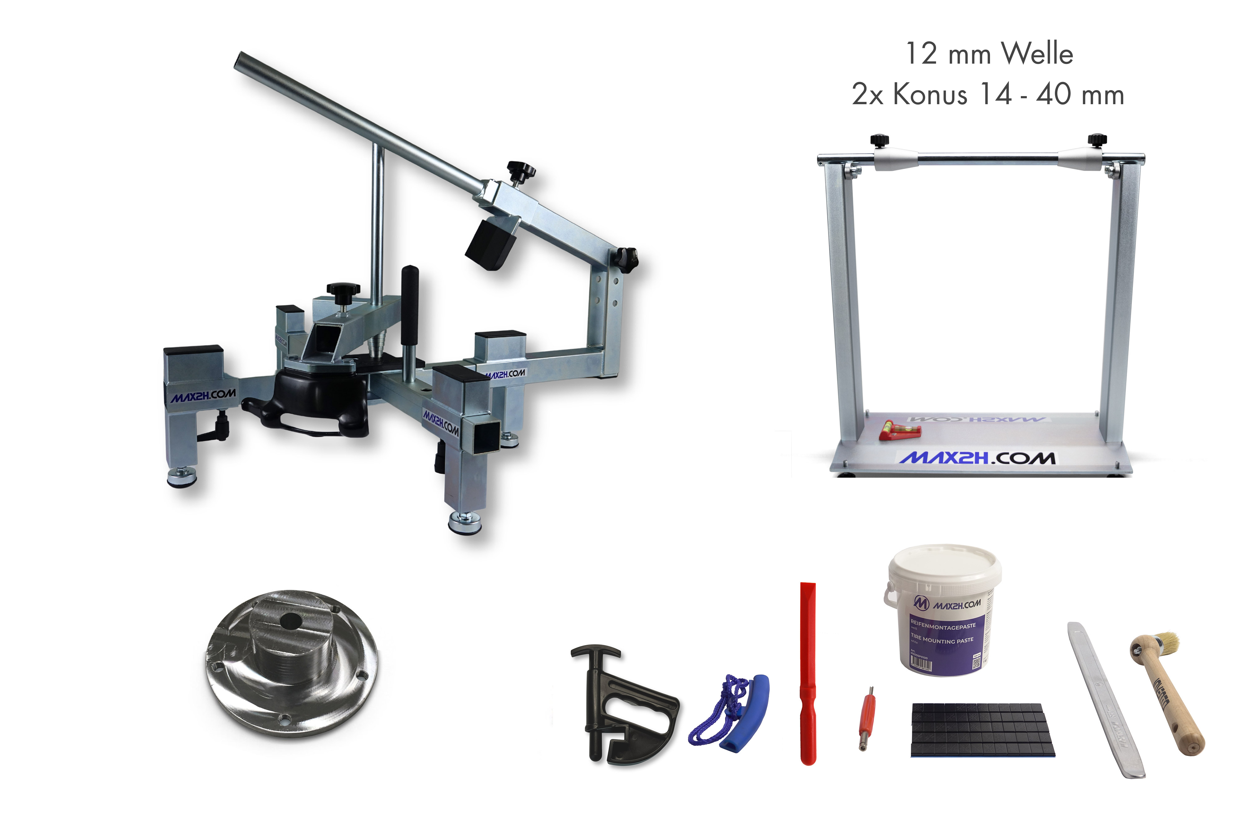 MAX2H® Reifenmontiergerät MG-2 Plus Set mit Wuchtbock Plus für BMW Einarmschwingen mit 5-Loch-Felge (Klebegewichte schwarz)