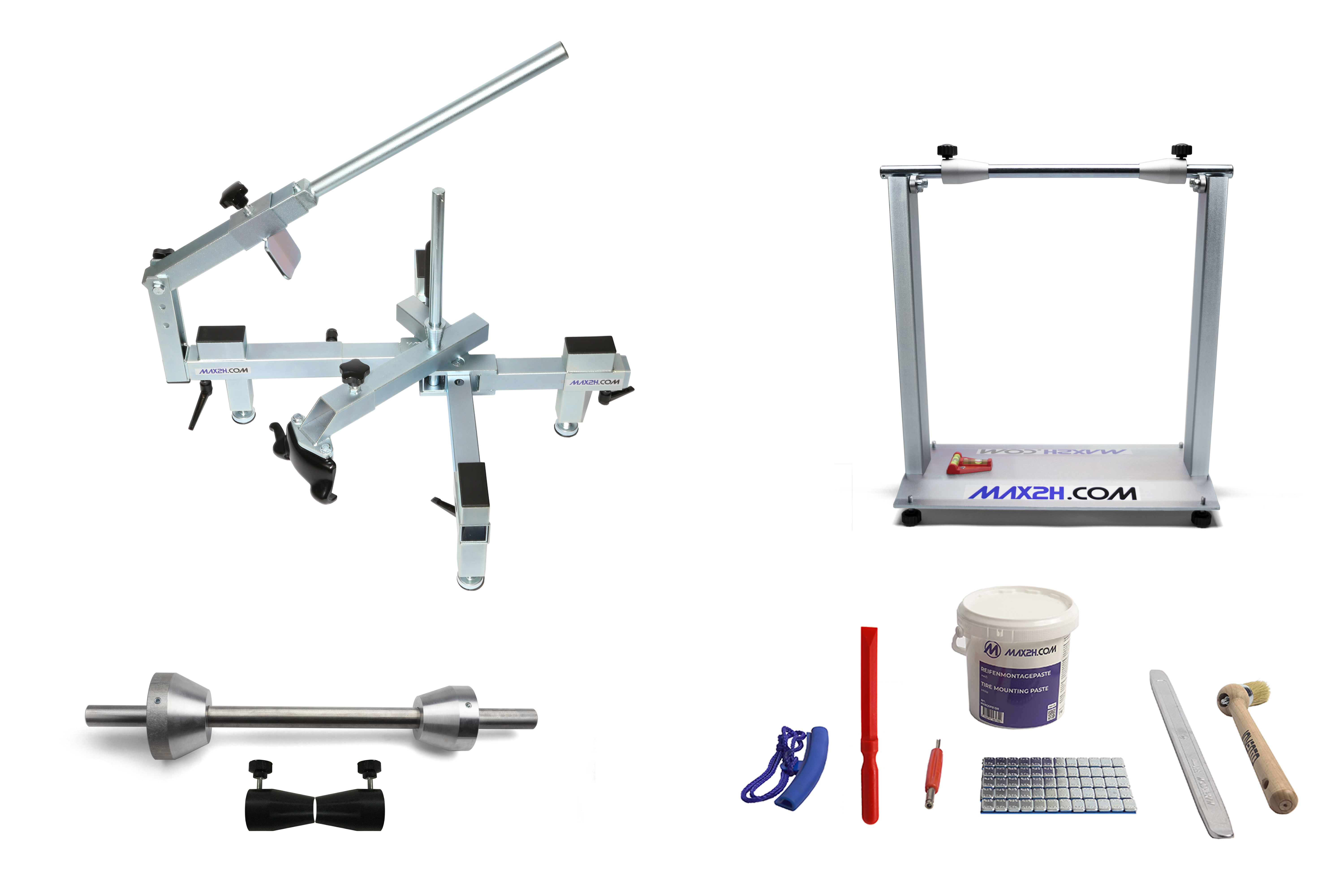 MAX2H Reifenmontiergerät EVO2 Set für Einarmschwingen 42-62 mm / 50-80 mm (Klebegewichte grau)
