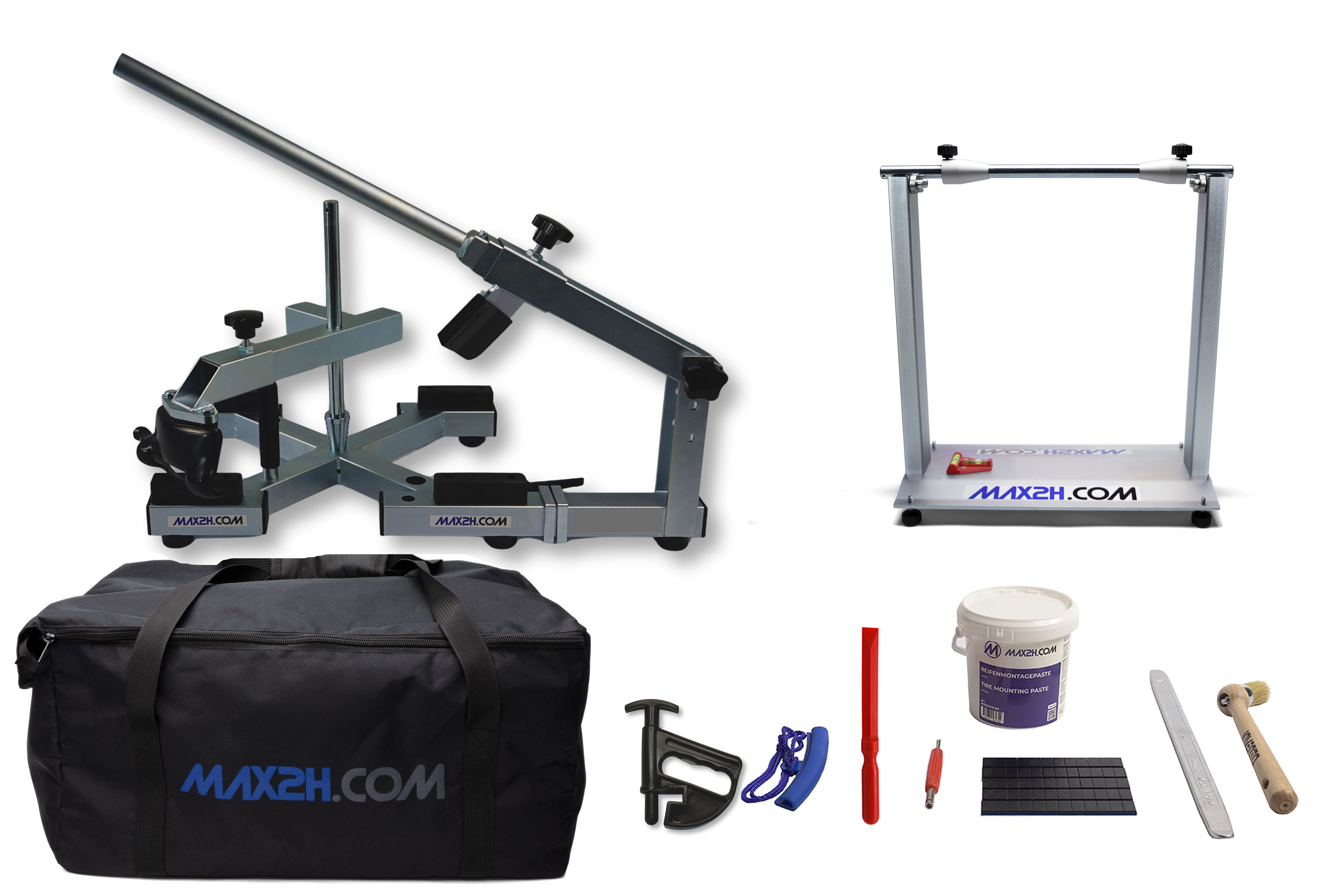 MAX2H® Reifenmontiergerät MG-X Plus mit Wuchtbock, Starterpaket (Klebegewicht schwarz) und Tasche