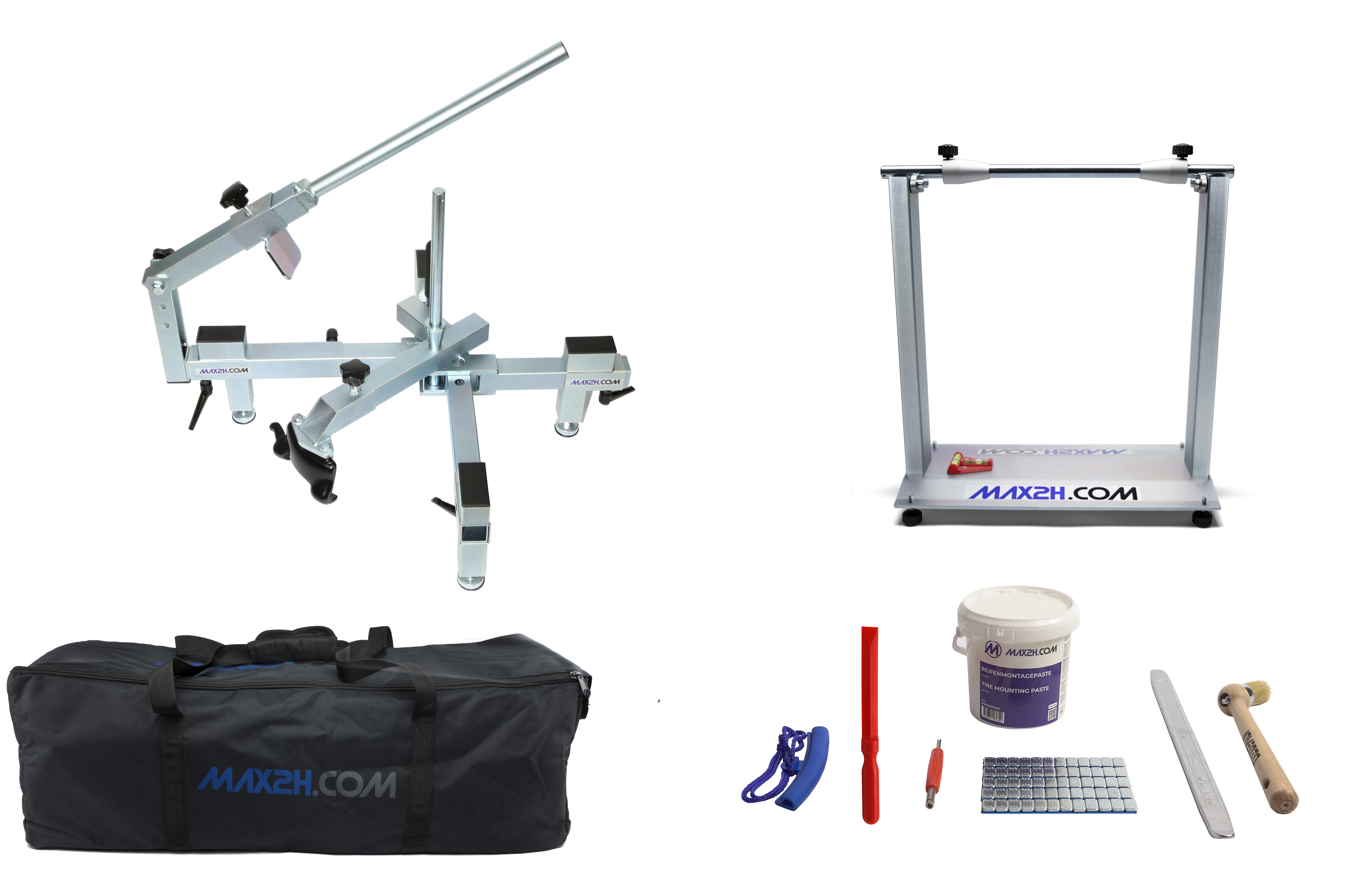 MAX2H Reifenmontiergerät EVO2 mit Wuchtbock, Starterpaket (Klebegewicht grau) und Tasche