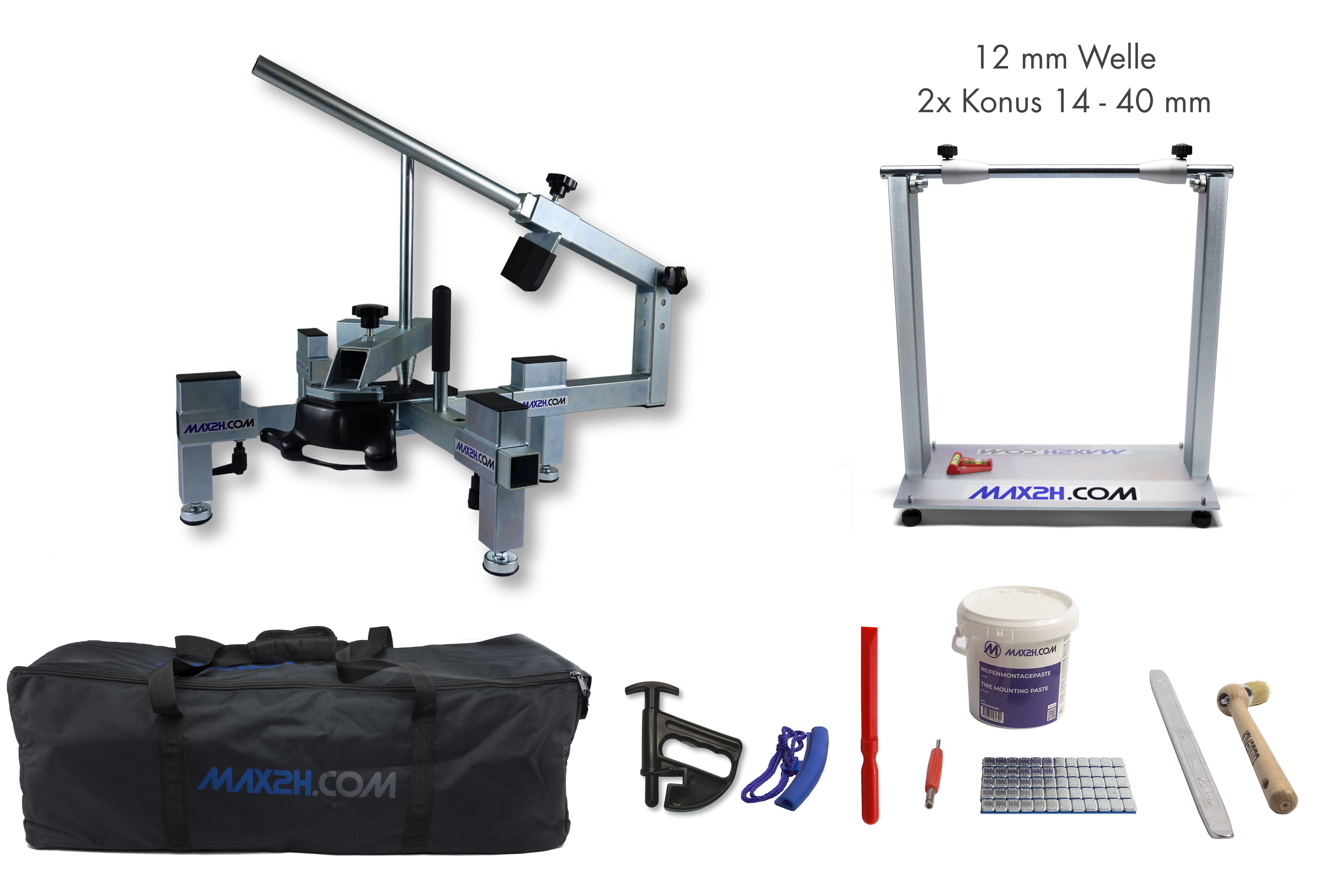 MAX2H® Reifenmontiergerät MG-2 Plus mit Wuchtbock Plus und Starterpaket (Klebegewicht grau) und Tasche