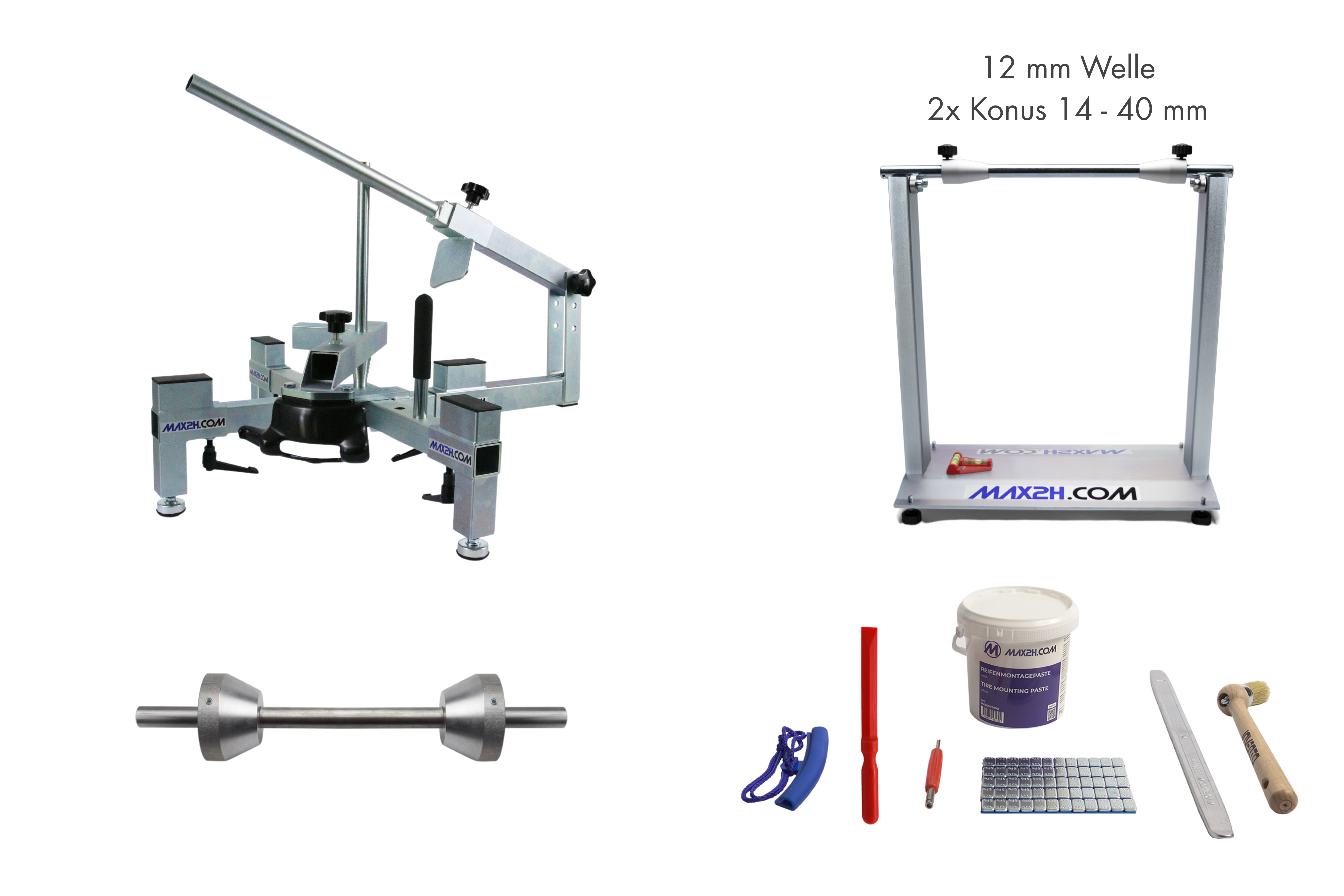 MAX2H® Reifenmontiergerät MG-2 Set mit Wuchtbock Plus für Einarmschwingen 50-80 mm (Klebegewichte grau)