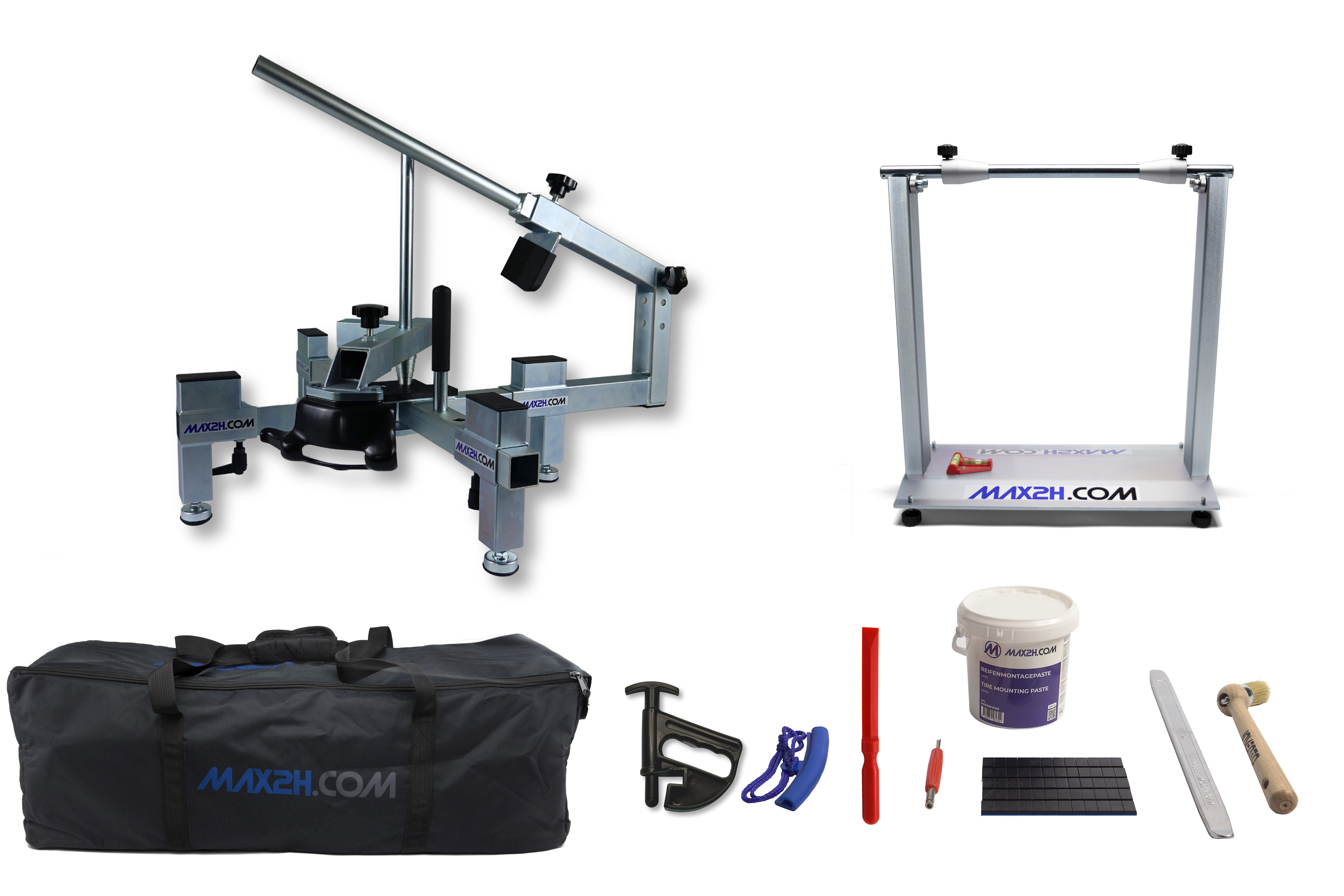 MAX2H® Reifenmontiergerät MG-2 Plus mit Wuchtbock und Starterpaket (Klebegewicht schwarz) und Tasche