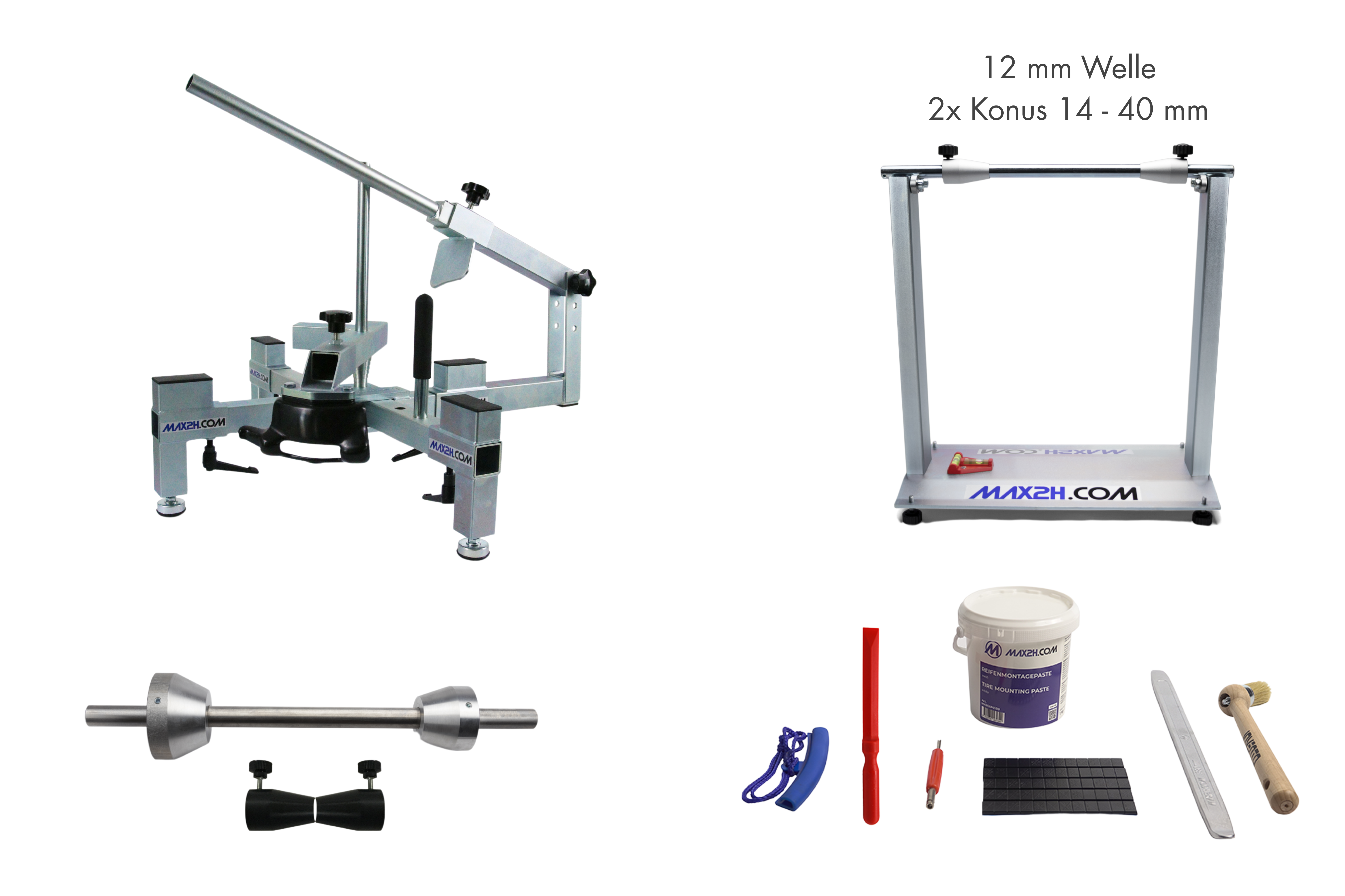 MAX2H® Reifenmontiergerät MG-2 Set mit Wuchtbock Plus für Einarmschwingen 42-62 mm / 50-80 mm (Klebegewichte schwarz)
