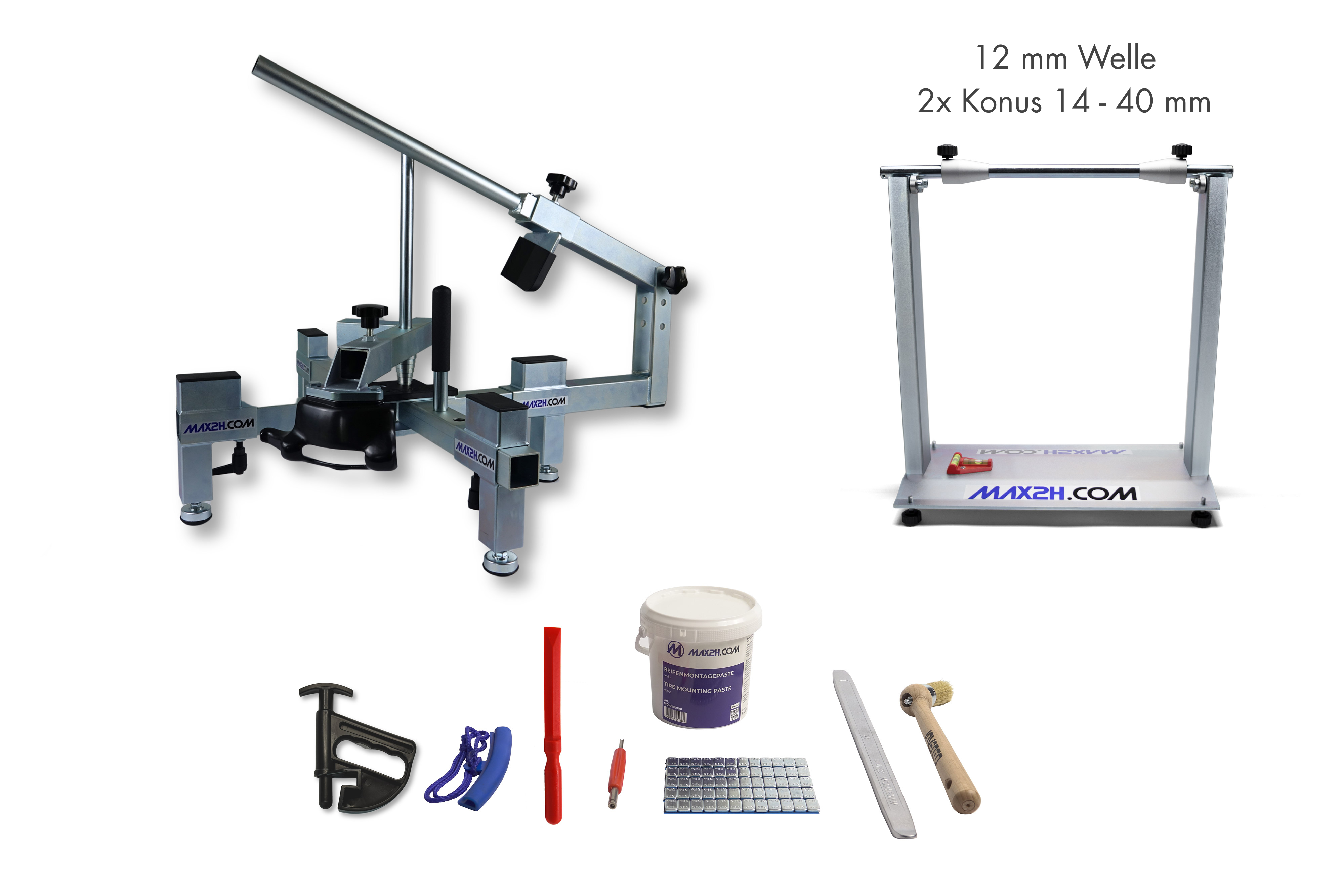 MAX2H® Reifenmontiergerät MG-2 Plus mit Wuchtbock Plus und Starterpaket (Klebegewicht grau)