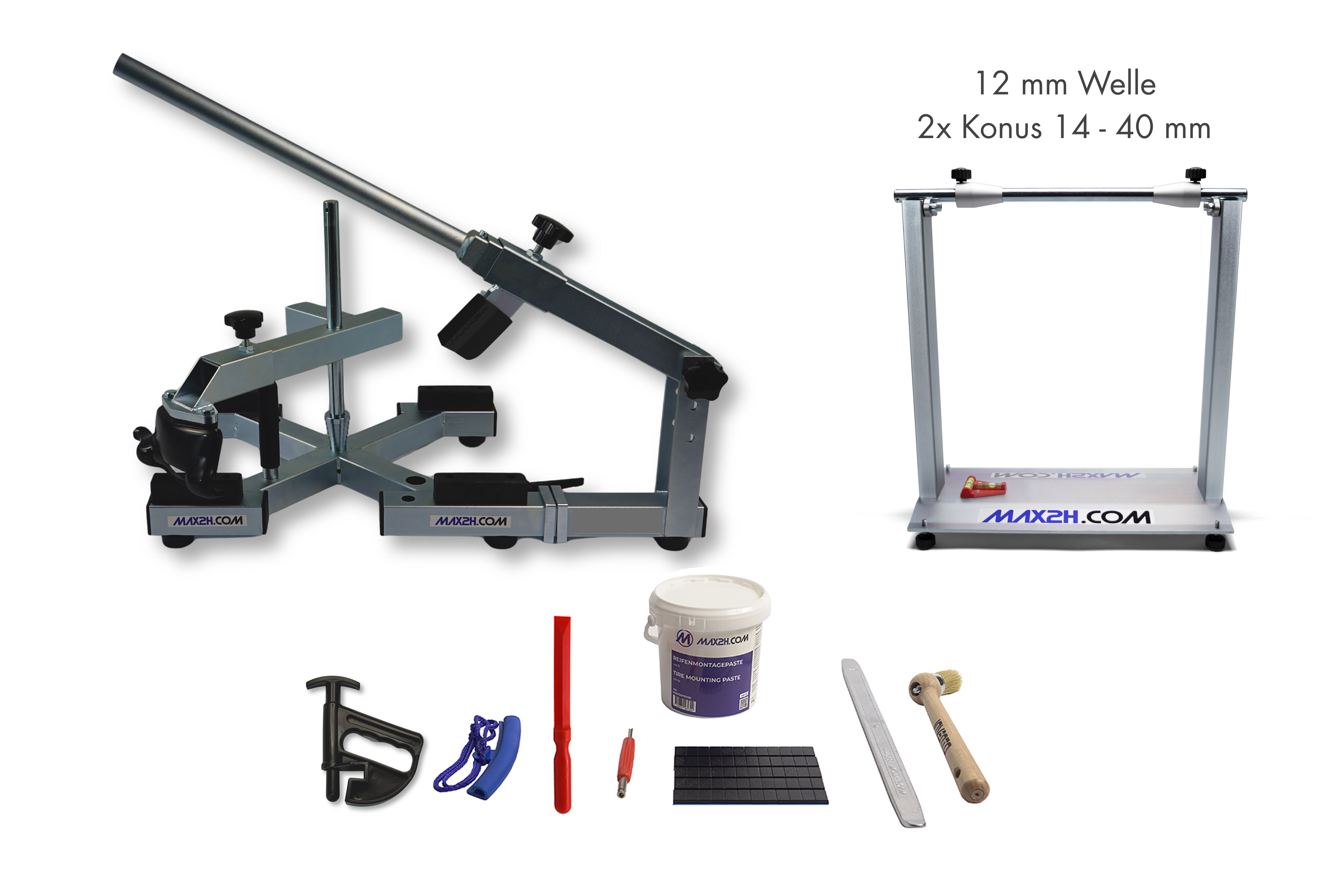 MAX2H® Reifenmontiergerät MG-X Plus mit Wuchtbock Plus und Starterpaket (Klebegewicht schwarz)