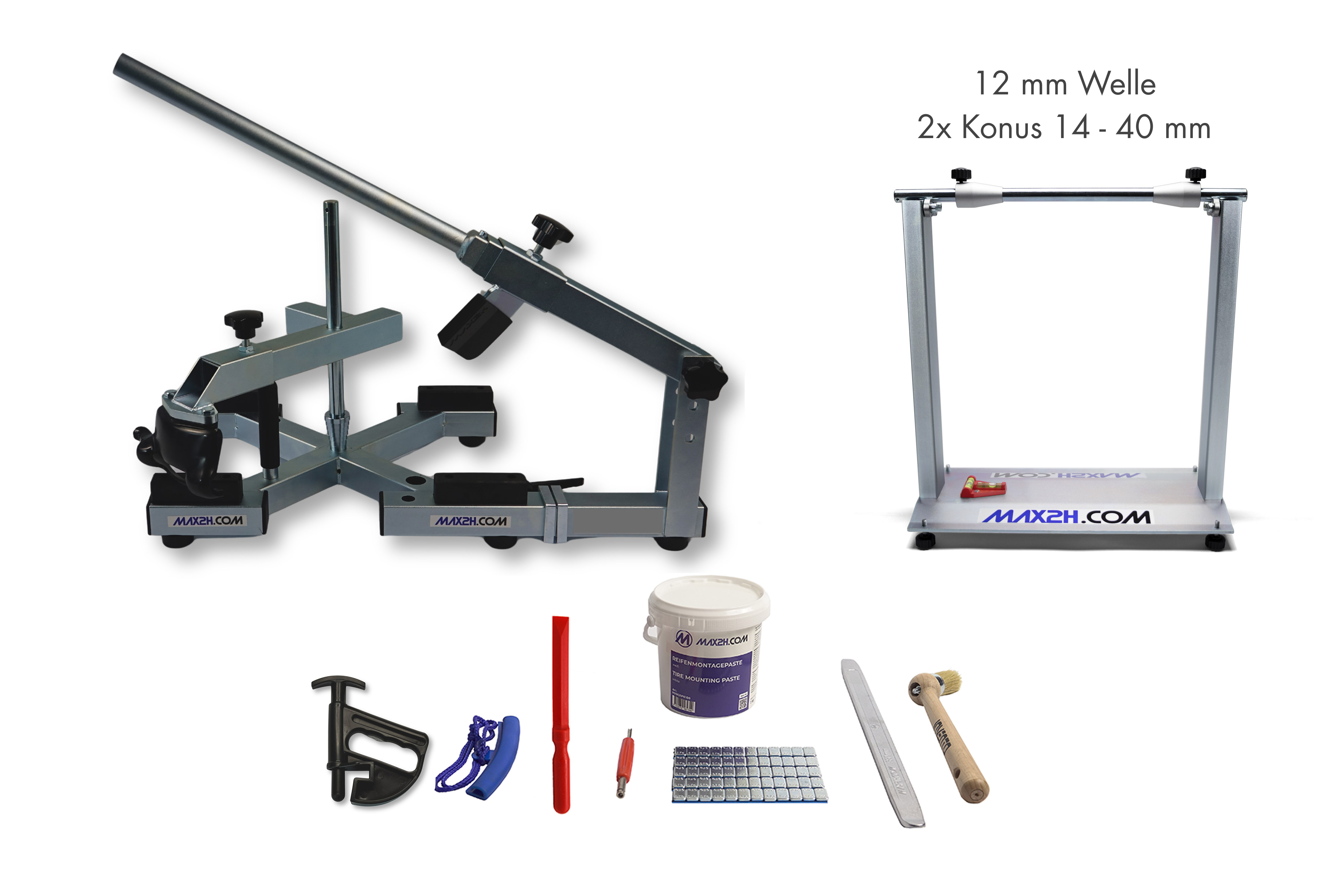 MAX2H® Reifenmontiergerät MG-X Plus mit Wuchtbock Plus und Starterpaket (Klebegewicht grau)