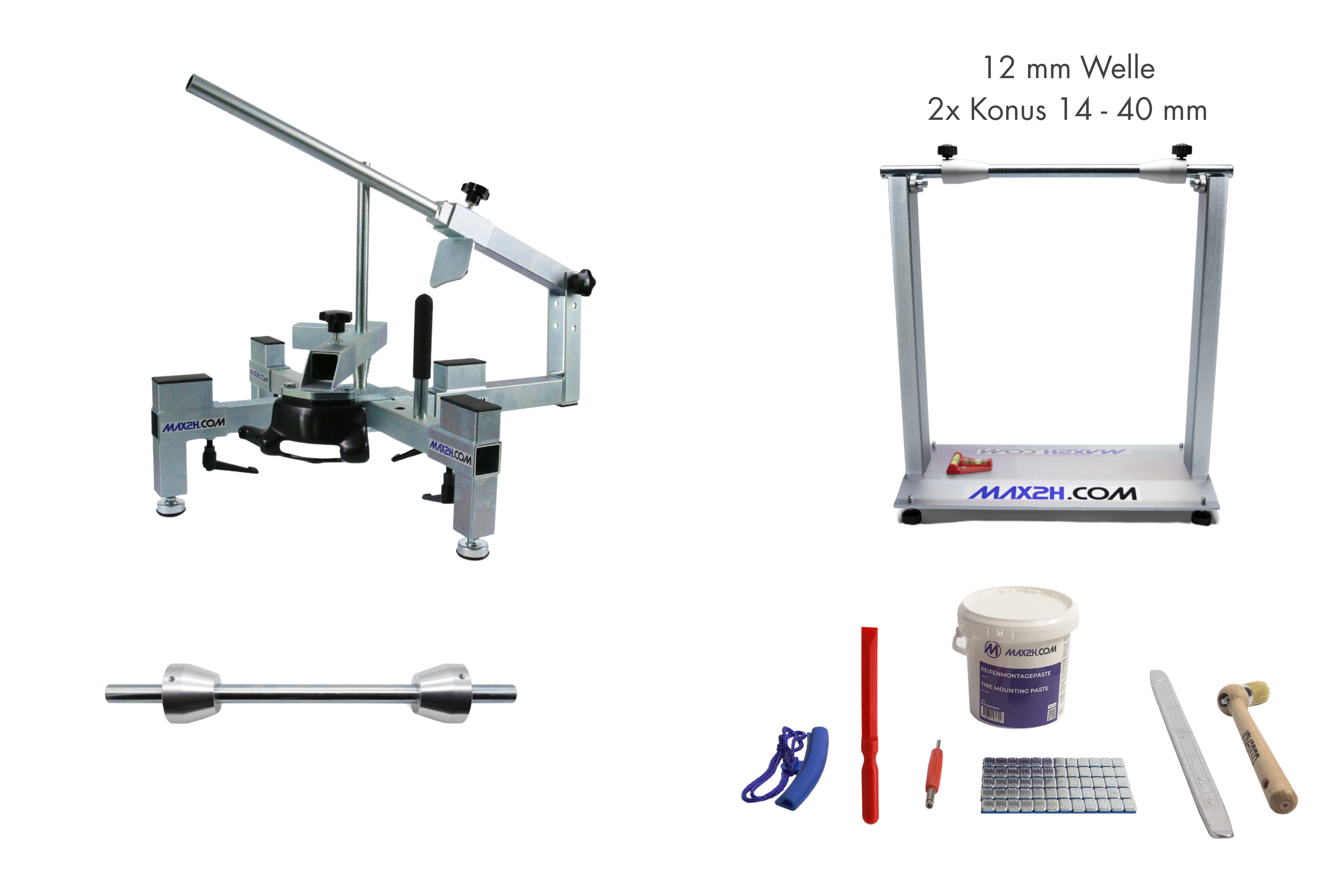 MAX2H® Reifenmontiergerät MG-2 Set mit Wuchtbock Plus für Einarmschwingen 42-62 mm (Klebegewichte grau)