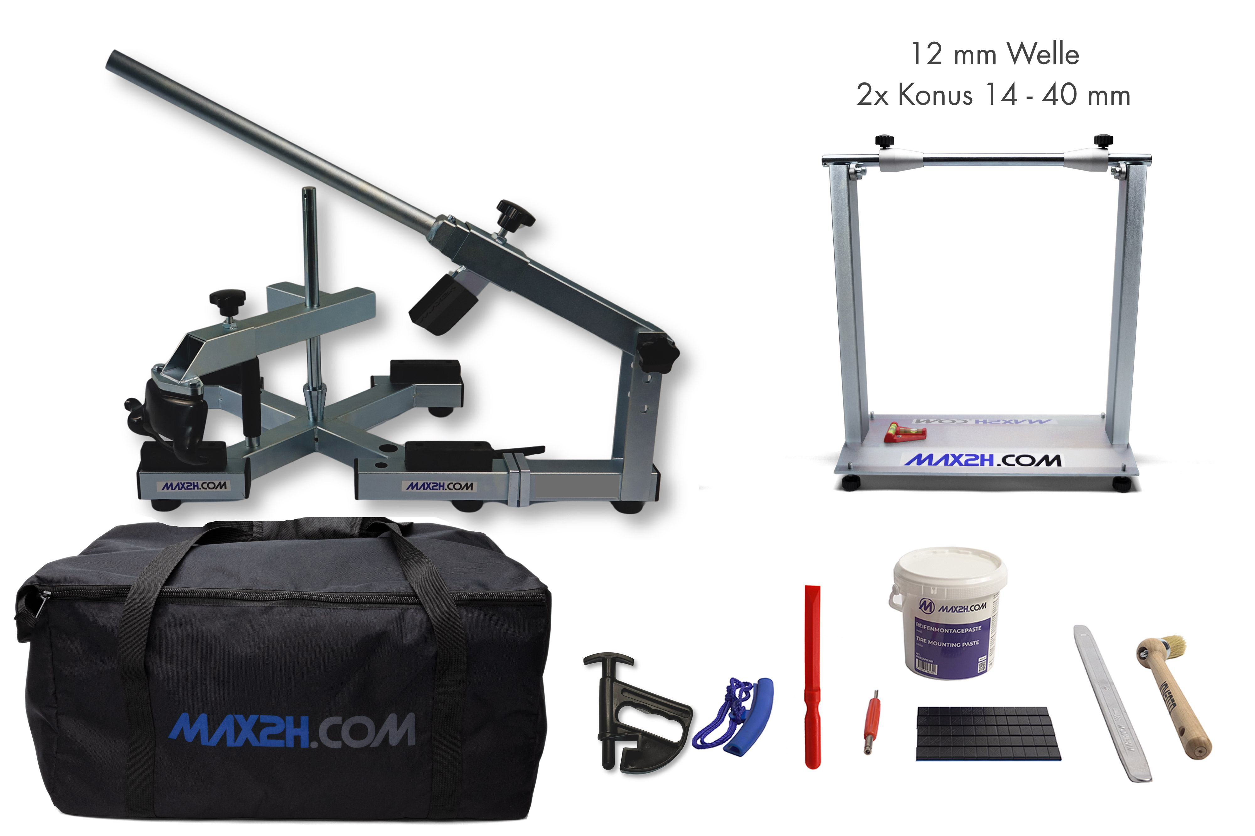 MAX2H® Reifenmontiergerät MG-X Plus mit Wuchtbock Plus, Starterpaket (Klebegewicht schwarz) und Tasche