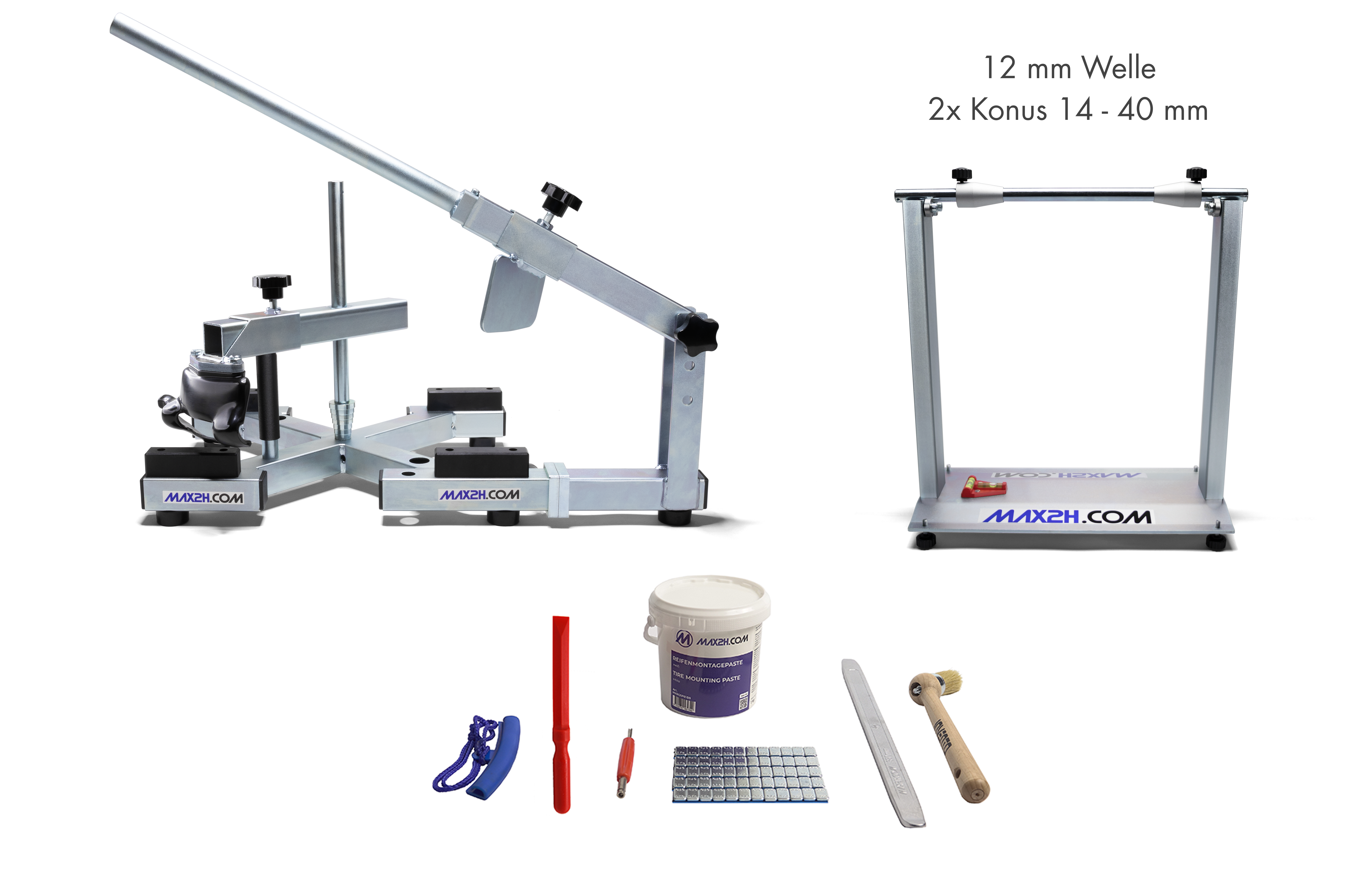 MAX2H® Reifenmontiergerät MG-X mit Wuchtbock Plus und Starterpaket (Klebegewicht grau)