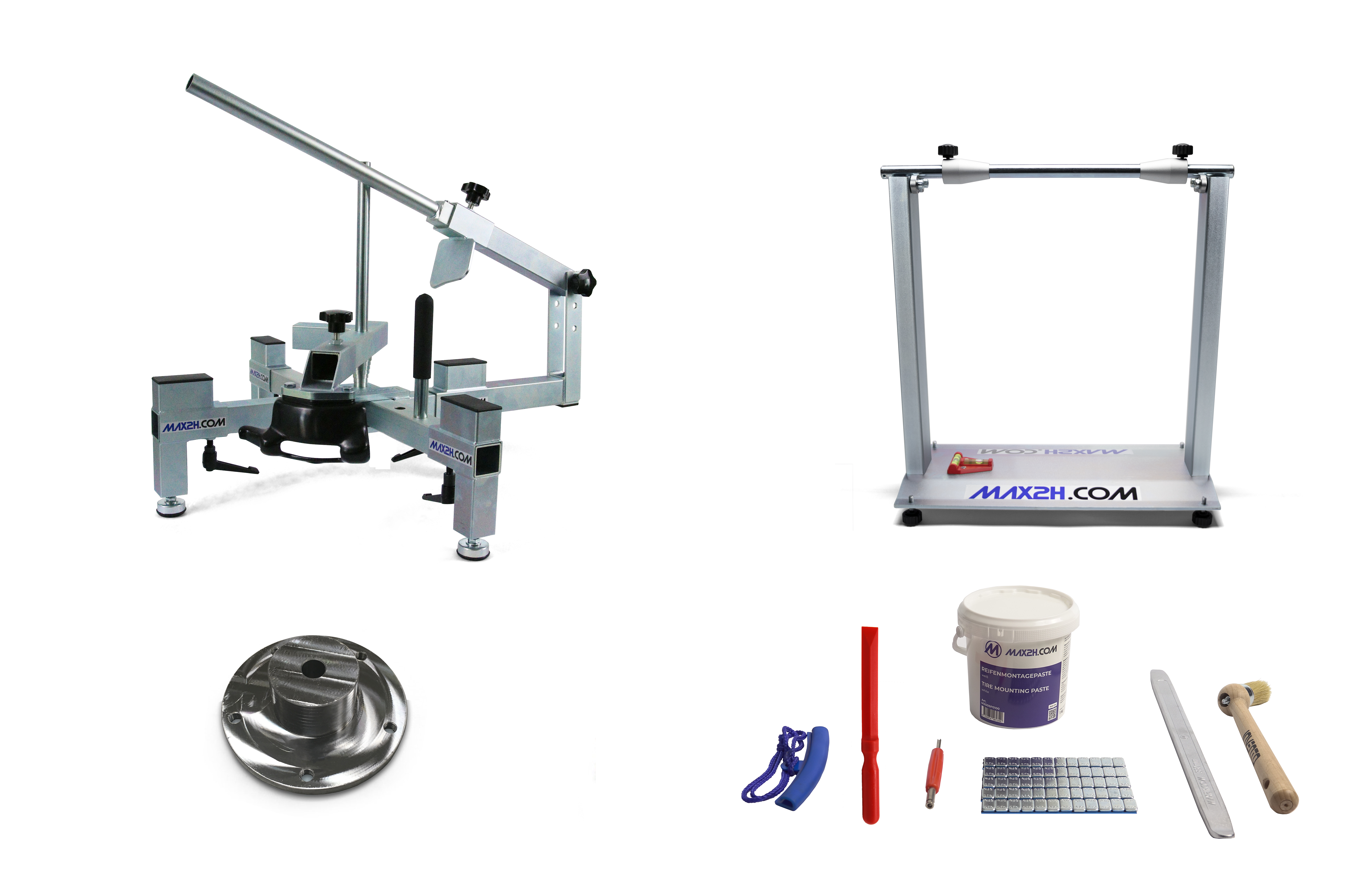 MAX2H® Reifenmontiergerät MG-2 Set für BMW Einarmschwingen mit 5-Loch-Felge (Klebegewichte grau)