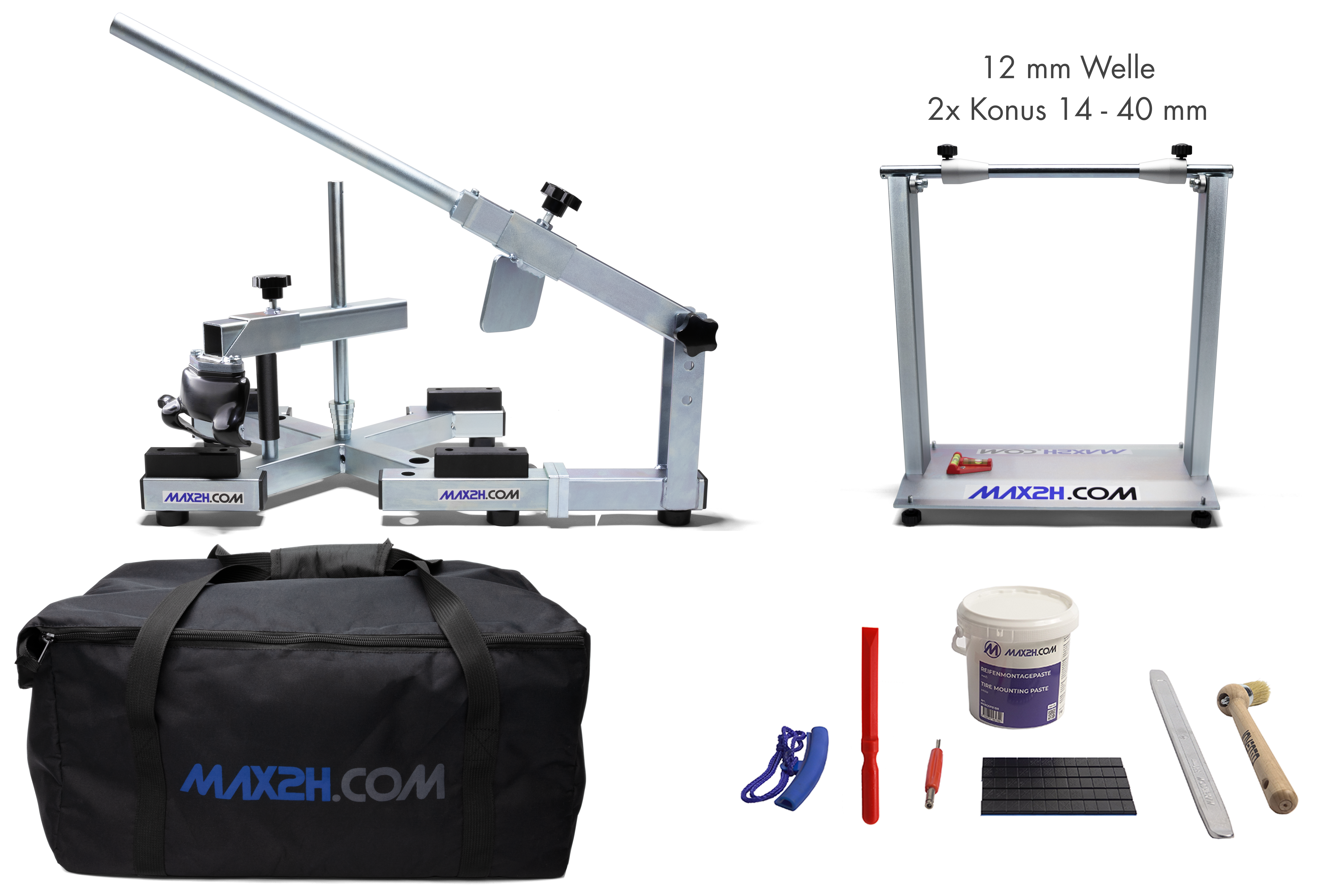 MAX2H® Reifenmontiergerät MG-X mit Wuchtbock Plus, Starterpaket (Klebegewicht schwarz) und Tasche